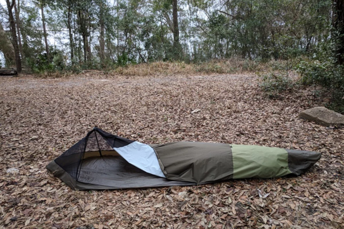 When it comes time to setup camp, the BivyPack's carbon fiber frame slides out and expands the bivy as it goes