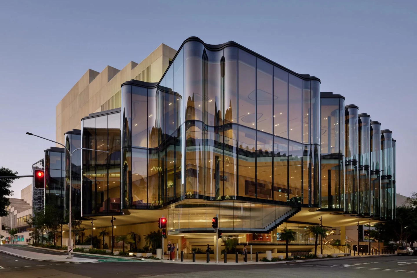The magnificent Glasshouse Theater's wavy facade cantilevers over two street frontages