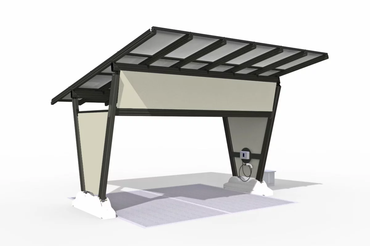 renewz sustainable solutions's isola solar charging carport is portable, and can fully charge a car in five hours