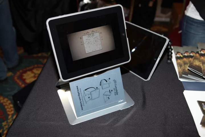 One of the display orientations offered by the fiendishly clever Joby Ori iPad stand