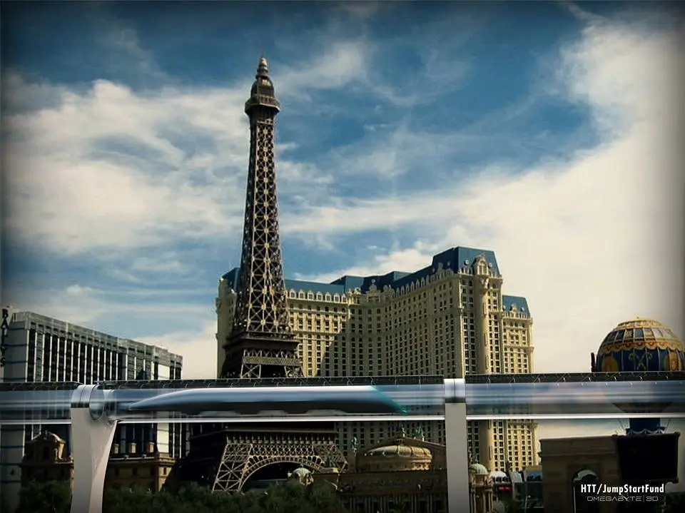 Concept rendering of a Hyperloop track on the strip in Las Vegas (Image: Hyperloop Transportation Technologies)