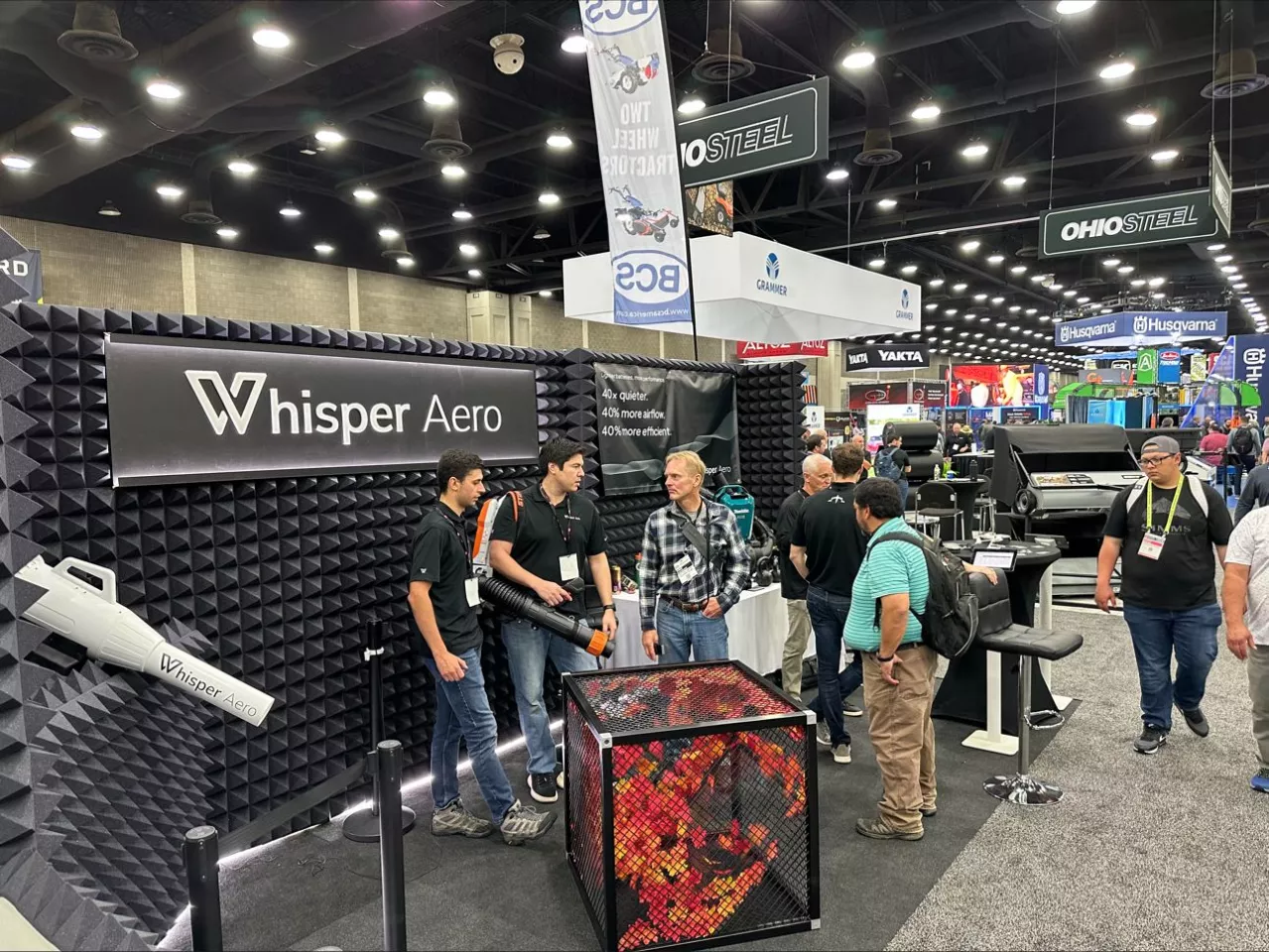 The Whisper team gave live blowing demonstrations at the Equip Expo, including blow-offs against competing blowers