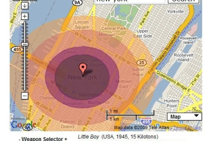 The thermal effects of the "Little Boy" nuclear bomb if it was dropped on New York City.