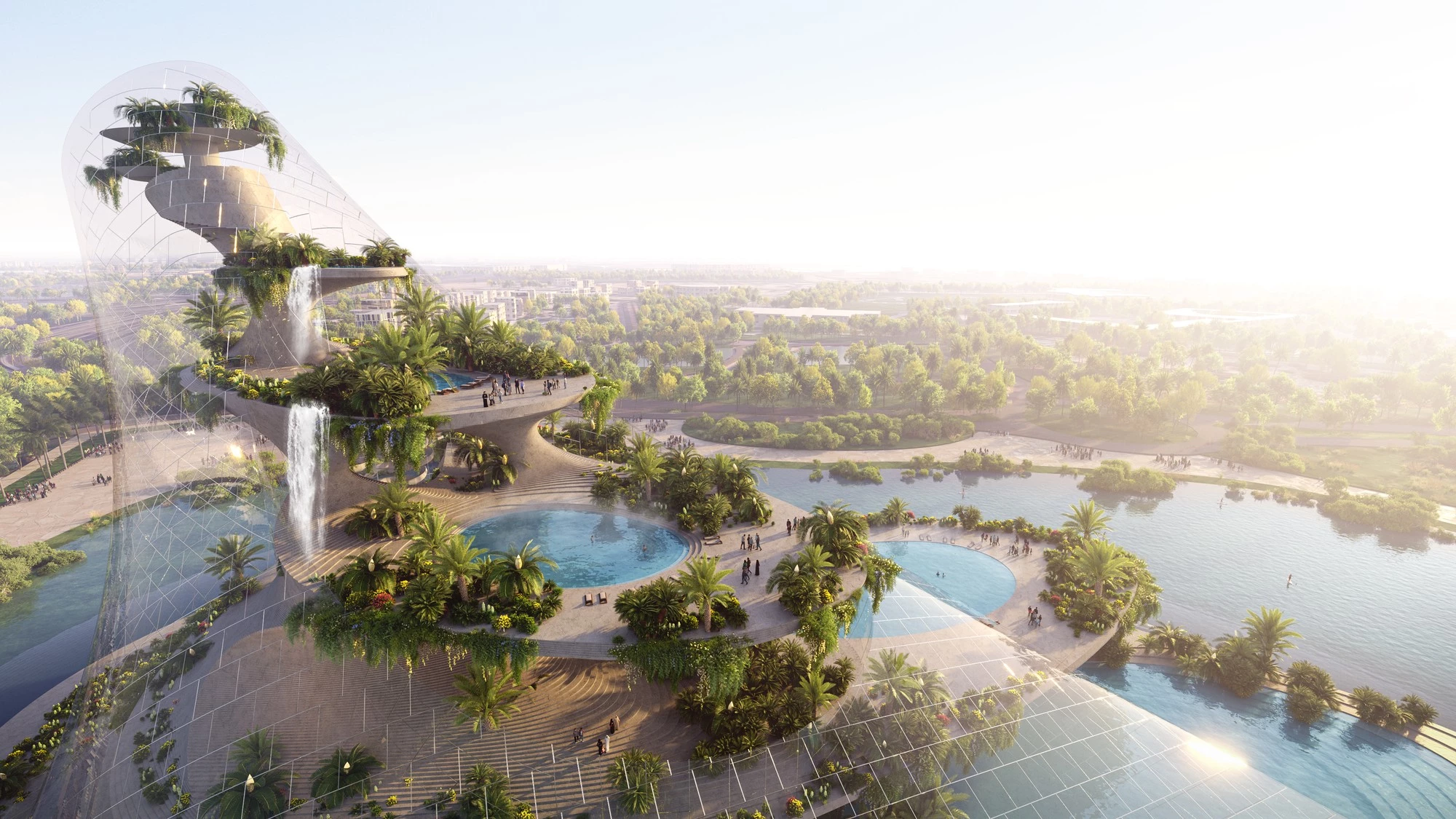 Therme Dubai will be centered around a tower that hosts three waterfalls