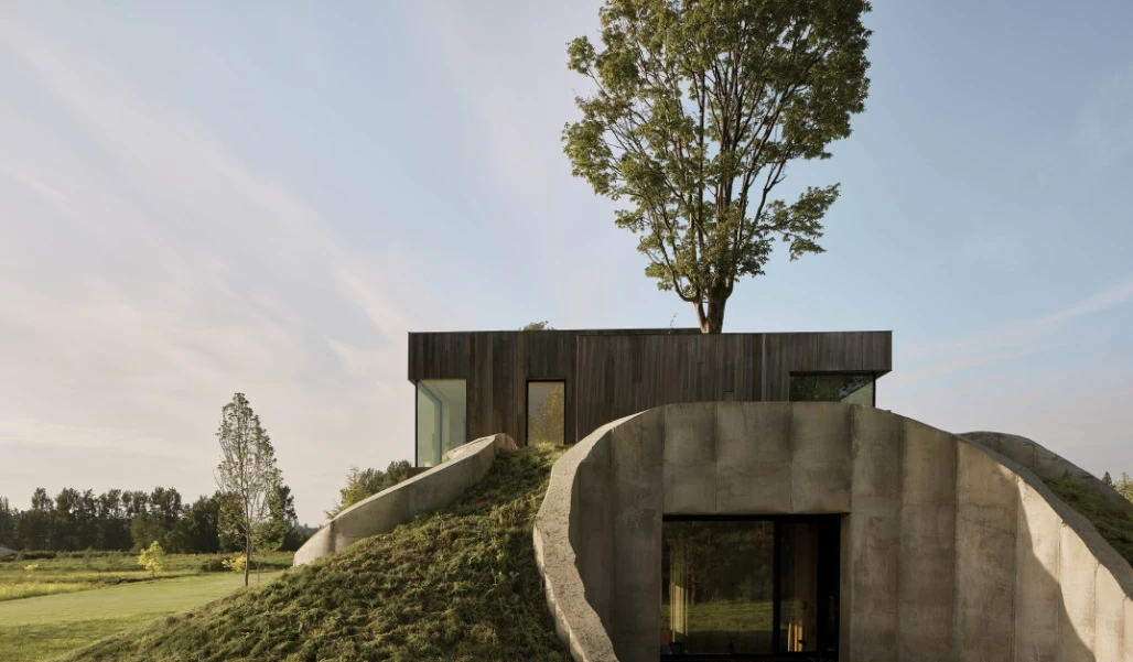 The home blends harmoniously with the surrounding environment