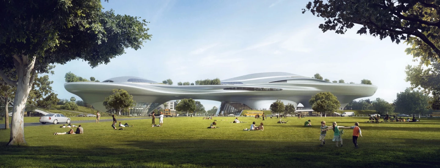 The Lucas Museum of Narrative Art wouldn't look out of place in one of George Lucas' movies and its sleek futuristic form is topped by a large green roof