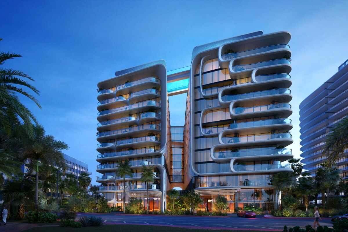 Glass-bottomed pool connects curvy condominium at height of 12 stories