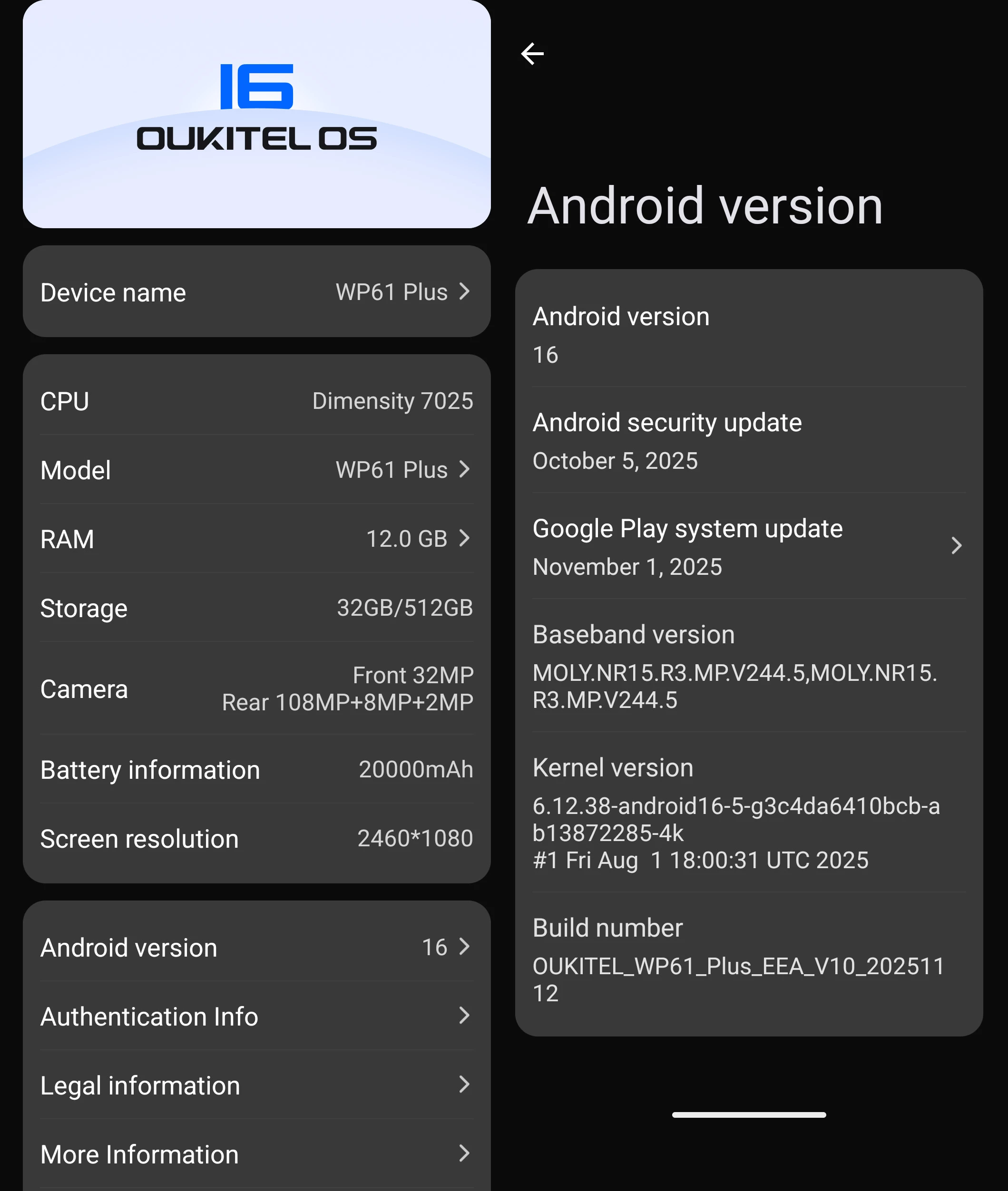 Screenshot of the Oukitel WP61 Plus device and software info