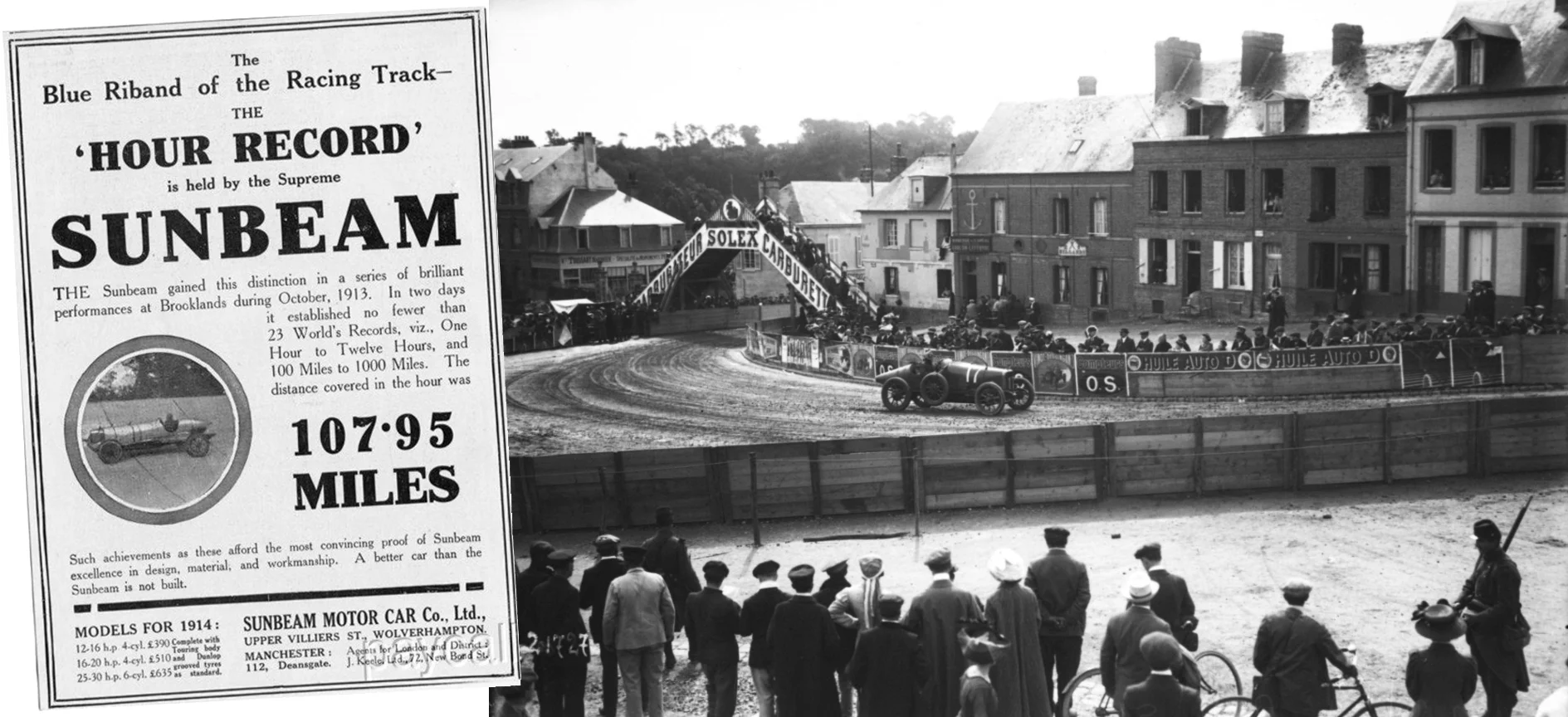 The Sunbeam "Coupe de L'Auto Replica" was a limited production road car that was sold by Sunbeam in 1913/14. It is the only production road car in history that was simultaneously successful in Grand Prix racing and the holder of multiple land speed records. Using the banked Brooklands circuit in England, the Sunbeam's first record was to cover 92.45 miles in an hour in August 1912, but further efforts saw that record beaten and in October 1913, the car covered 107.95 mile in an hour.