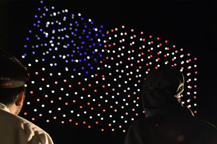 Intel Shooting Star drones create a US flag during 2018 Independence Day celebration rehearsals at Travis Air Force Base in Fairfield, California