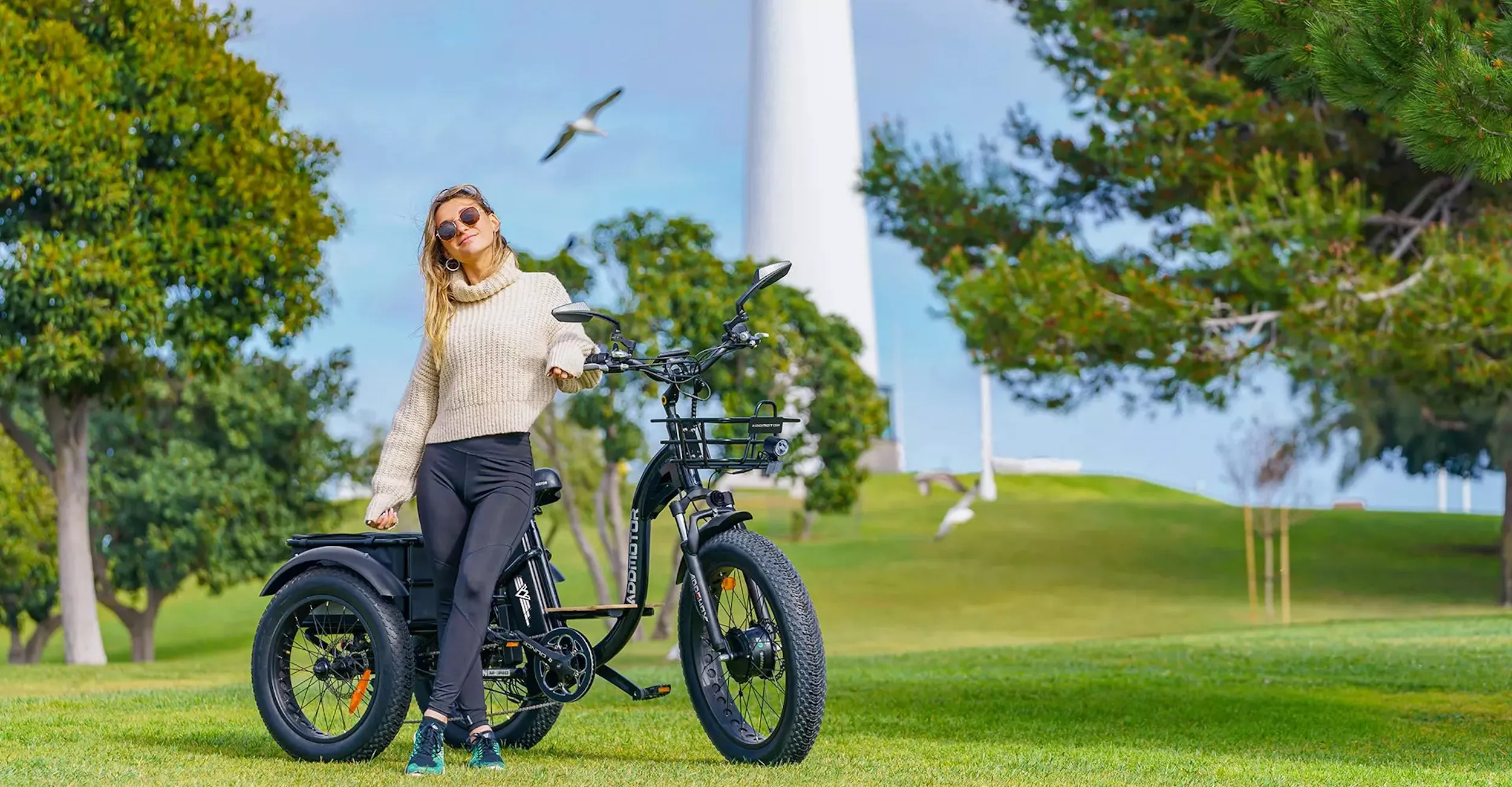 The 2023 M-340 rolls on 4-inch-wide fat tires, comes with fork suspension and boasts dual mechanical disc braking to the rear plus a single to the front