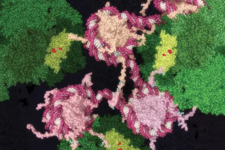 An artist's impression of the KAT6A and KAT6B genes, which are being inhibited by new molecules (red) that could help put cancer to sleep