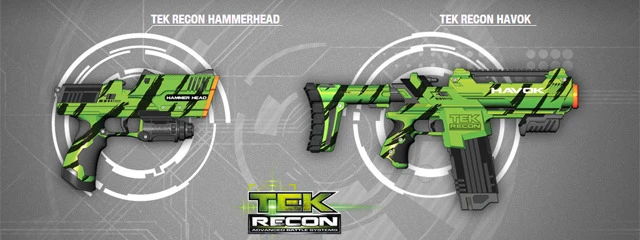 Both available blasters in the Tek Recon system