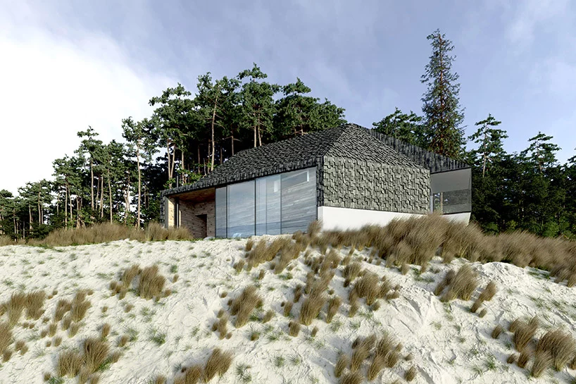 The facade is made of structural plaster and raw wooden tiles, which is an extension of the roof