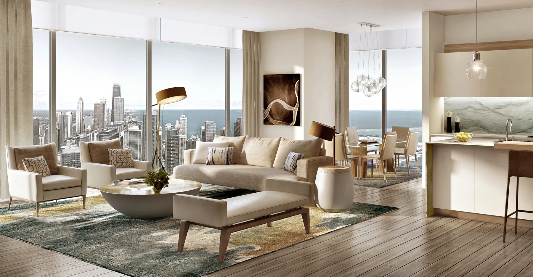 A living area at the Vista Tower finished in a topaz palette