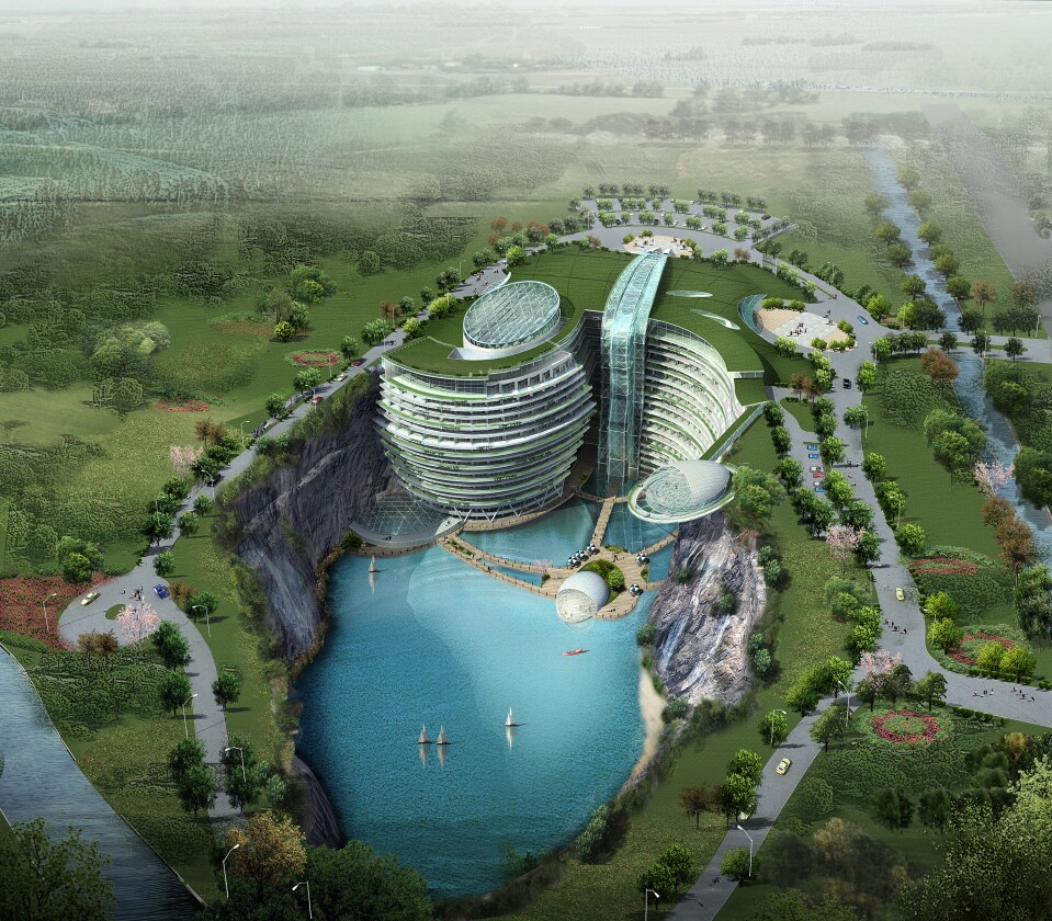 The pièce de résistance is surely the waterfall which will plunge down in front of the hotel's facade and into the quarry (Image: Atkins)
