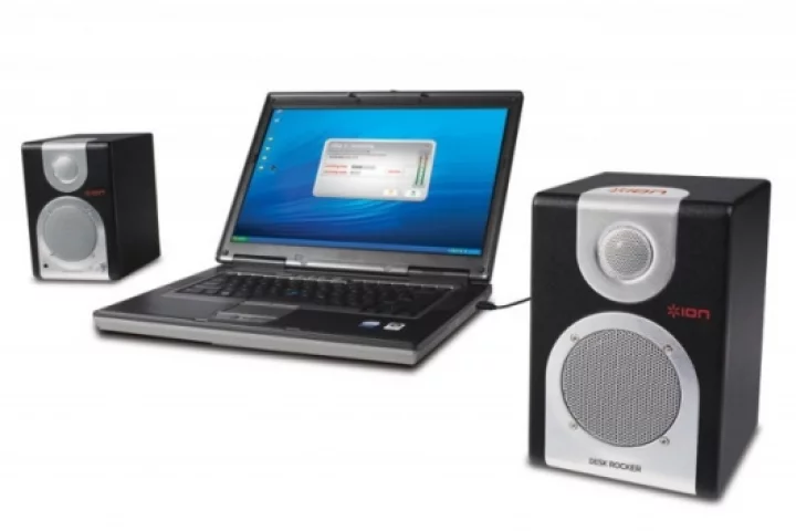 The US$149.95 DESK ROCKER speaker system consists of two self-powered desktop speakers, which plug into a standard wall outlet.