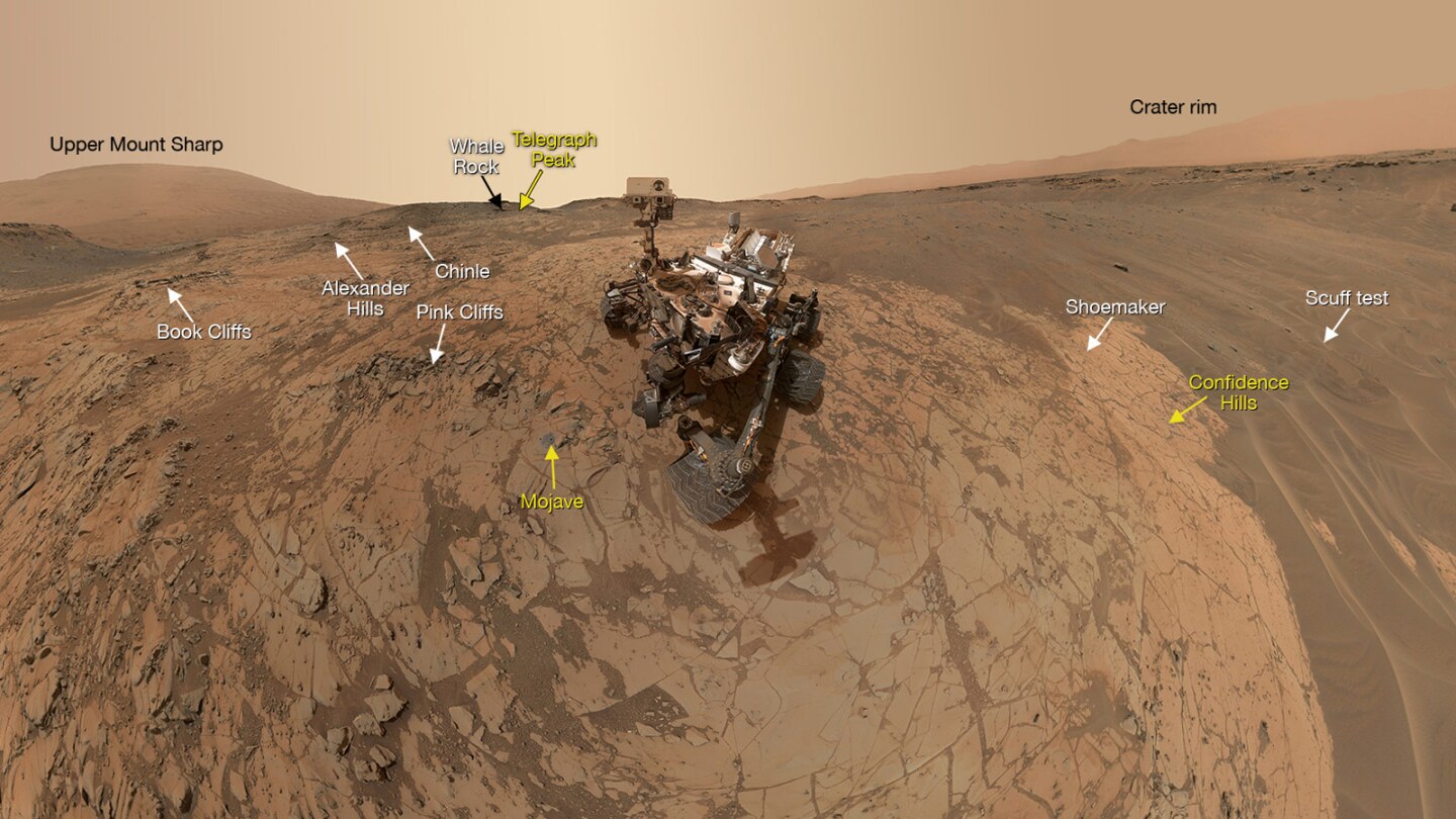 The annotated version of the shot details several of the sites Curiosity has investigated during its time in Pahrump Hills area, including the Confidence Hills and Mojave drilling sites (Photo: NASA/JPL-Caltech/MSSS)
