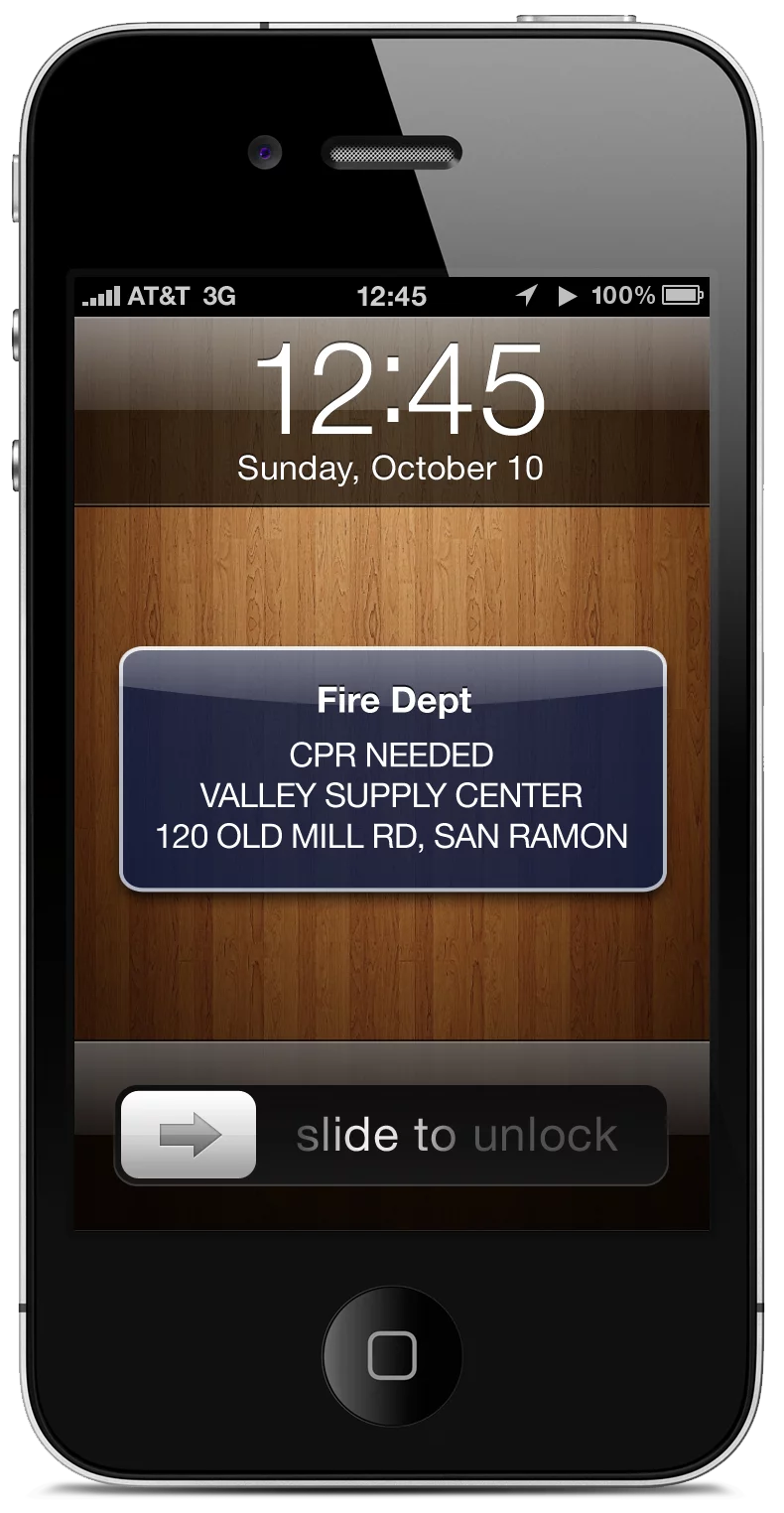 An alert received by a trained CPR user