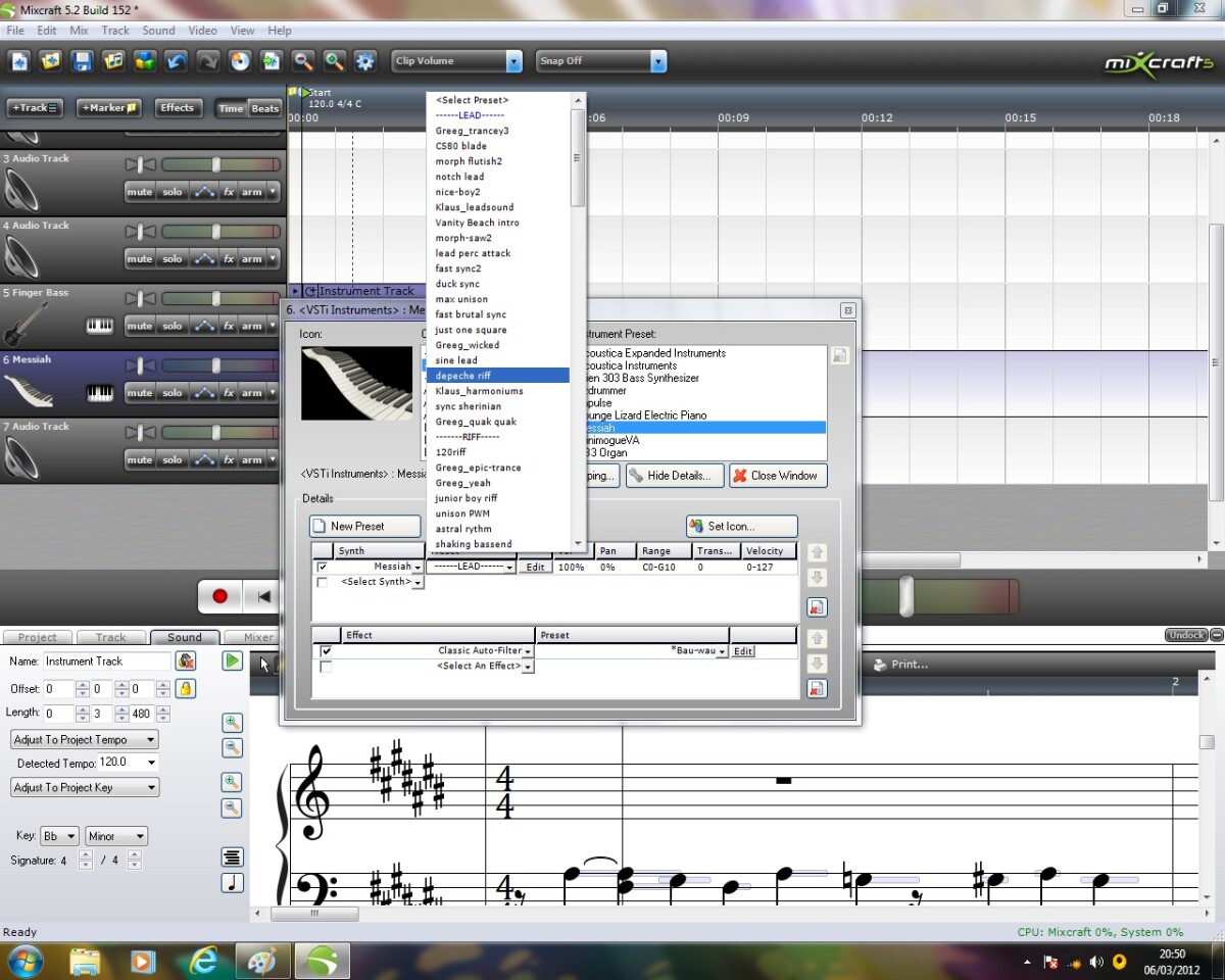 Mixcraft 5 offers similar virtual backing track creation possibilities as Studio One, with musical notation or visual representation of an instrument loop timeline and a huge variety of instruments available