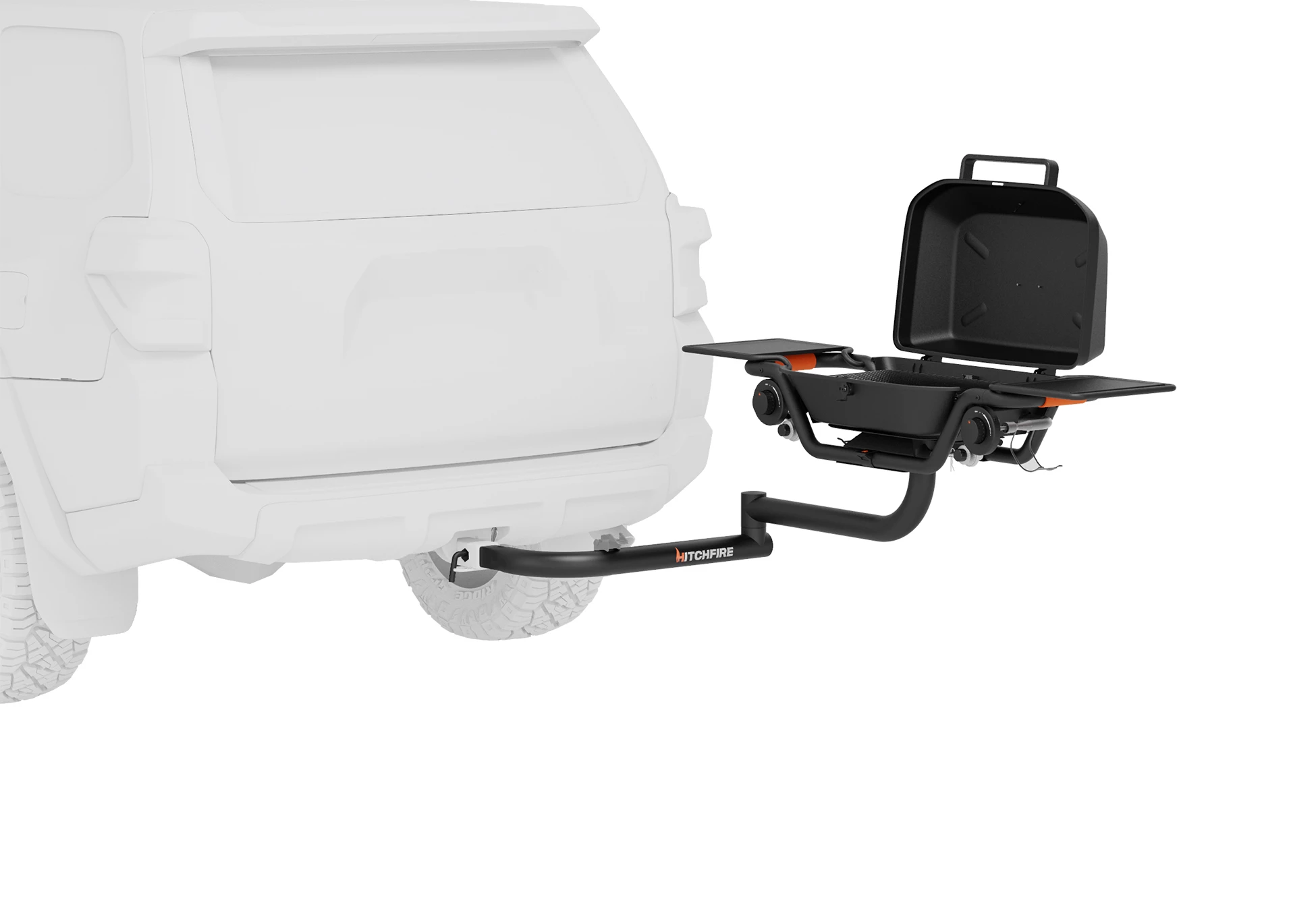 The HitchFire Forge 15 swings 90 or 180 degrees from the vehicle