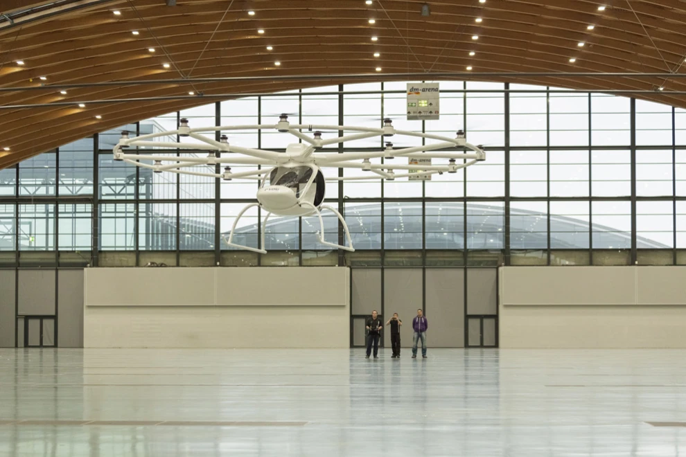 The Volocopter during its maiden flight in the dm-arena in Germany