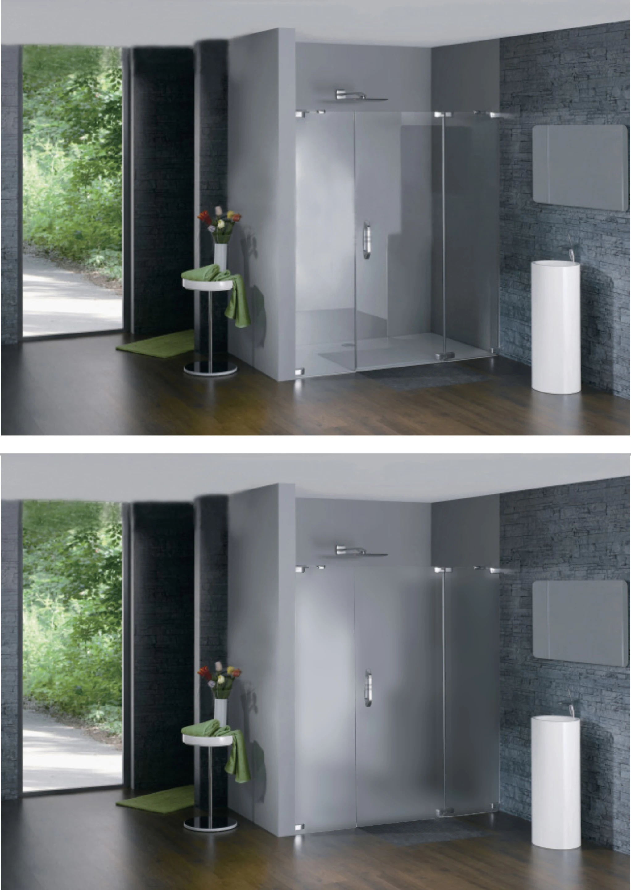 Rather than replacing an entire window to get the transparent-to-opaque effect, the covering can be sized and cut to fit any existing glass partition