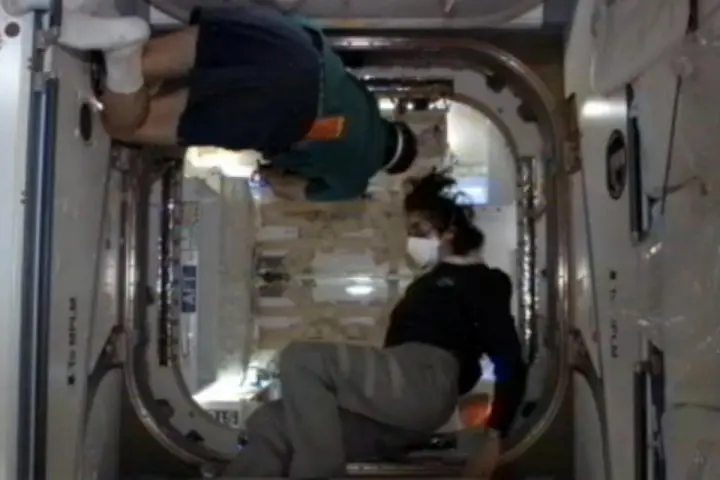 The ISS crew looking inside the Dragon capsule (Photo: NASA)