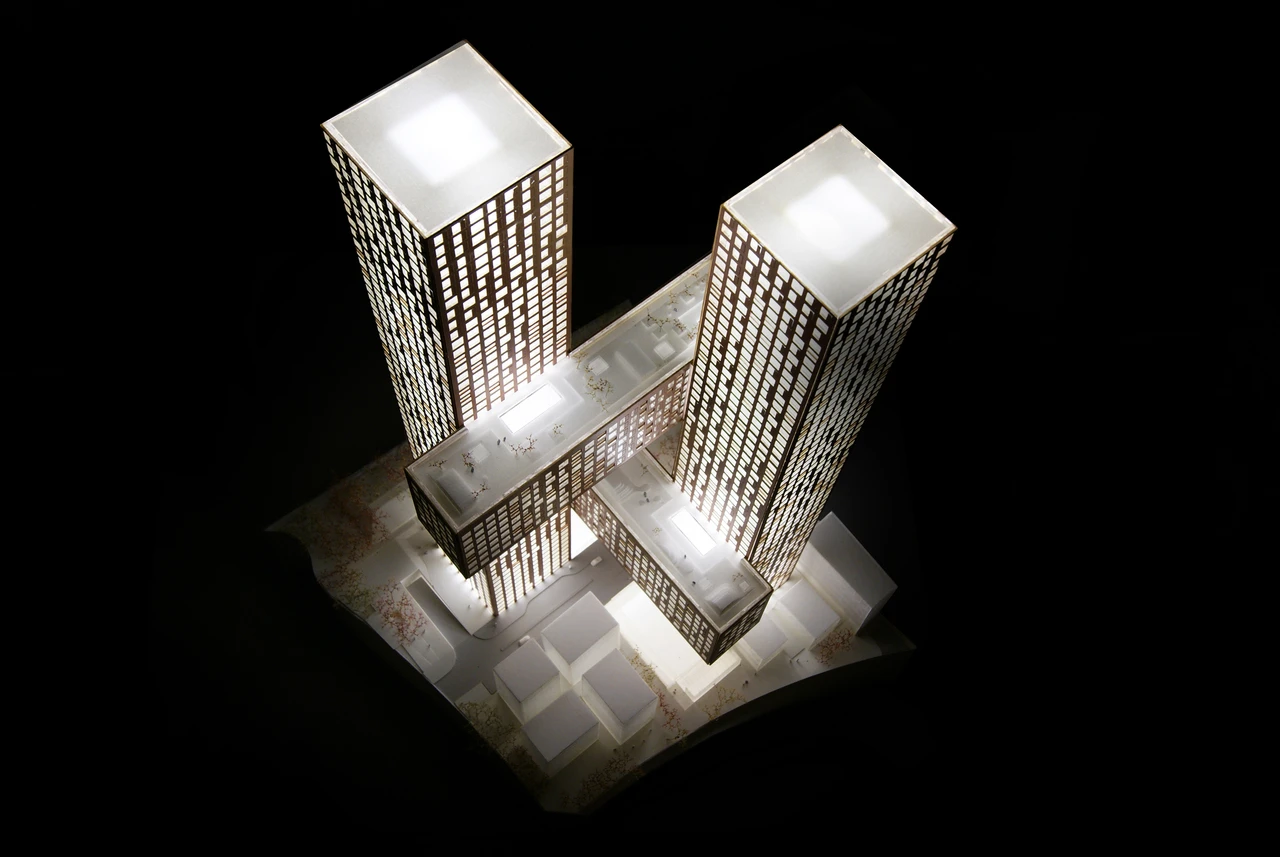 The Cross # Towers will hold 600 apartments and reach heights of 214 and 204 meters