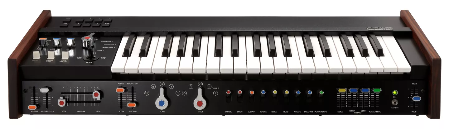 Many of the controls are positioned under the keyboard, to make them within reach when the miniKorg 700FS is used as a sub keyboard