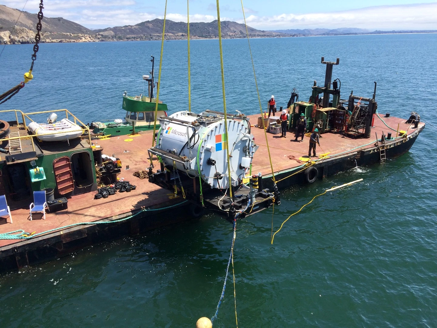 The Project Natick vessel – named Leona Philpot, after a character in the game Halo – is lowered into the Pacific