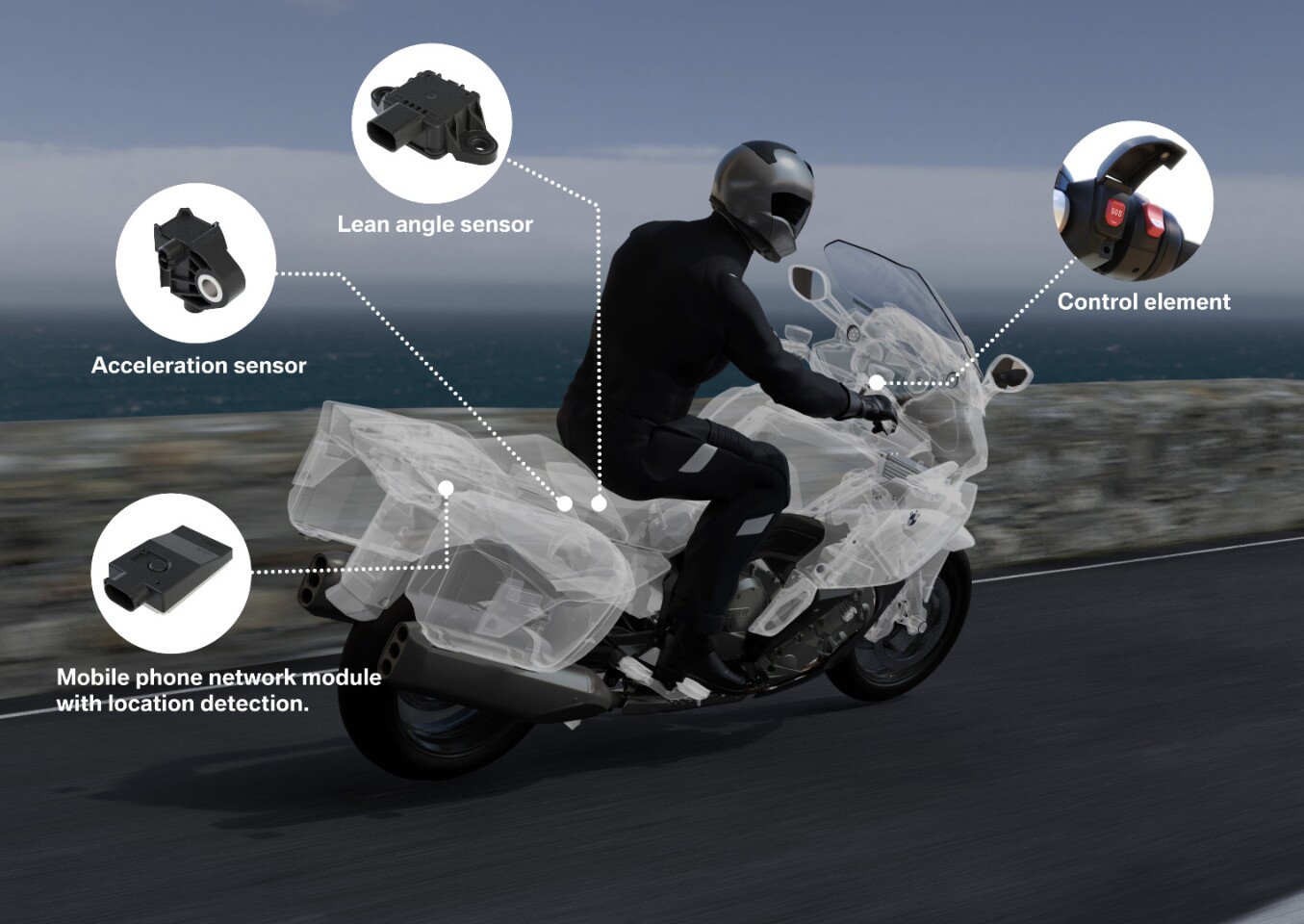 With the help of two sensors, BMW's eCall system can identify when a motorcycle is involved in an accident, determine its type and alert emergency services with accurate GPS information