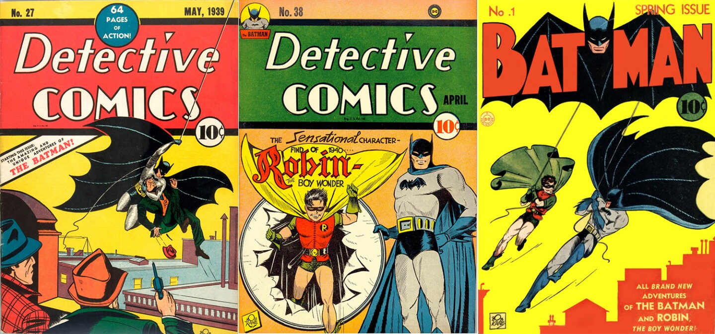 Detective Comics' Issue 27 from May, 1939, introduced the world to Batman (left). Robin the Boy Wonder made his first appearance in Issue 38 in April, 1940 (centre). Batman finally got his own comic in Spring 1941.