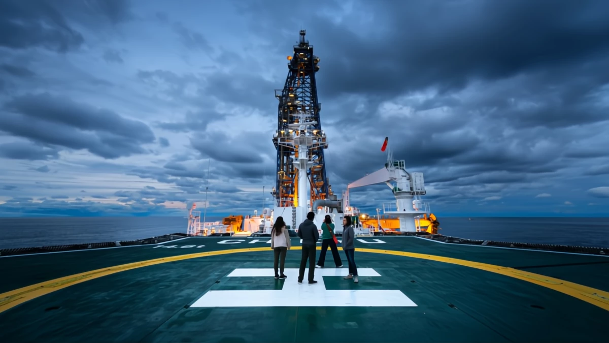 Researchers on the deck of Chikyū, Japan's ultra-advanced drilling ship 