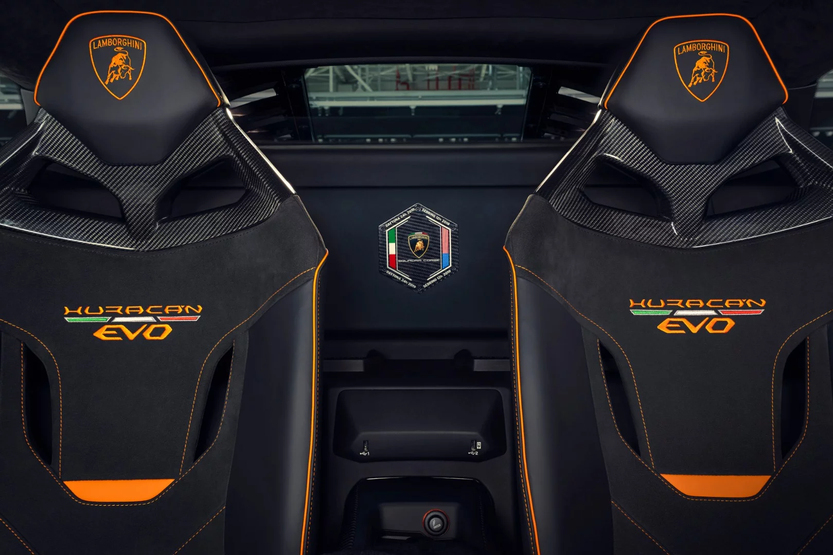 The interior of the Huracan EVO GT Celebration shows the homages added for the race wins of the Lamborghini team