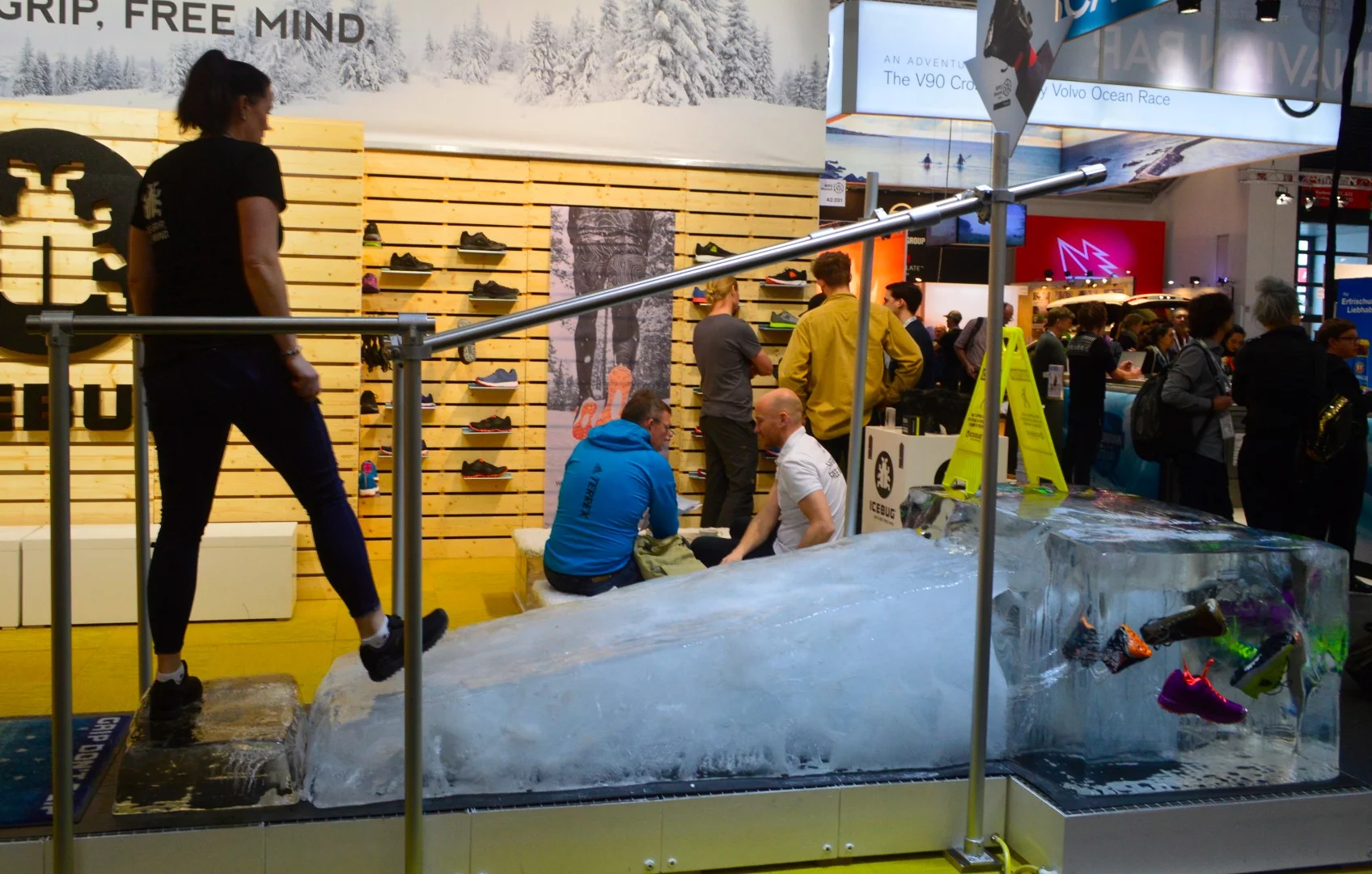 Icebugs puts its high-traction footwear to the test on a large ice block