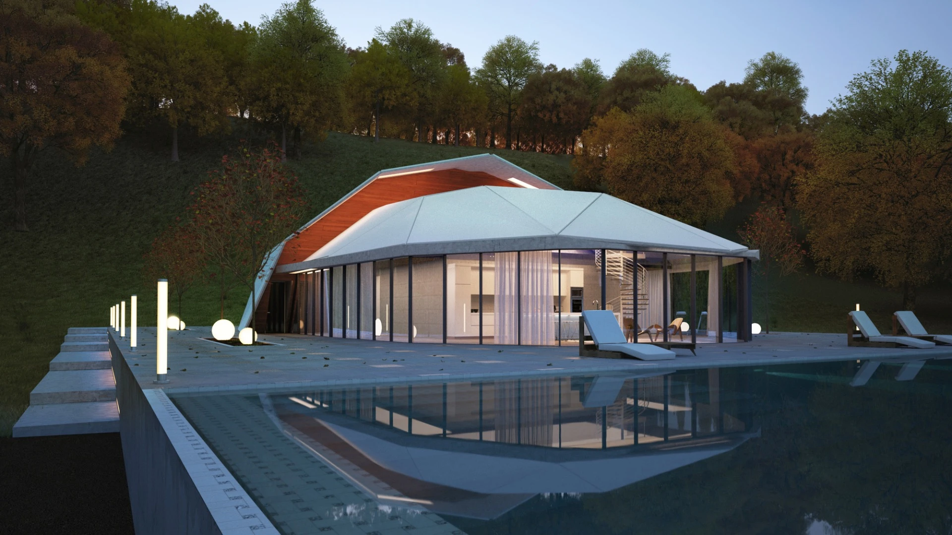 The front of the house looks onto a large swimming pool