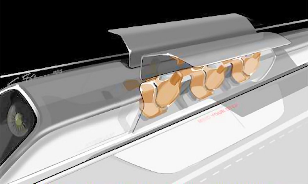 Concept drawing of a Hyperloop capsule ready for boarding at a terminal facility (Image: Elon Musk/SpaceX)