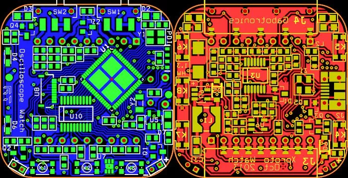 Both sides of the Oscilloscope Watch's circuit board. The CPU chip measures 9 mm on a side (Photo: Gabotronics)