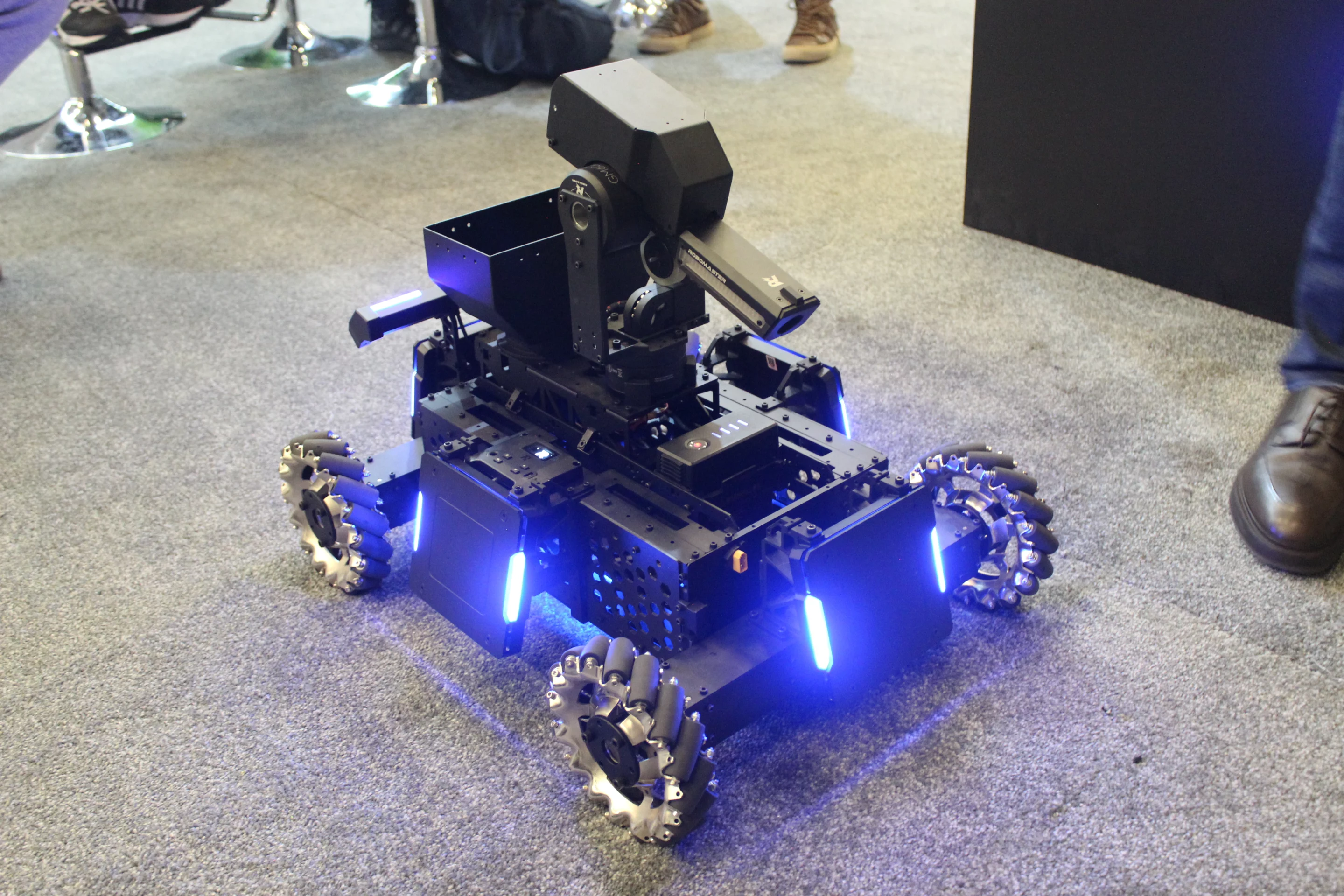 Chinese drone manufacturer DJI had this sensor-packed robotic vehicle on hand, which uses omnidirectional wheels to move either forward/backward or from side to side – it's being used by teams in the RoboMaster robotics challenge