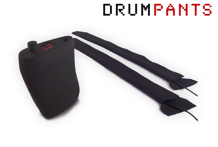 The basic DrumPants kit consists of two sensor strips and two foot pedal sensors that connect to a control box, all of which are small enough to conceal beneath most types of clothing