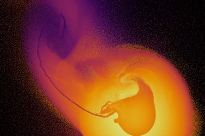 Astronomers used a powerful supercomputer to simulate over 50 collisions between a young Uranus and a protoplanet. This image represents a visualization from one such scenario, which involved the simulation of over ten million particles