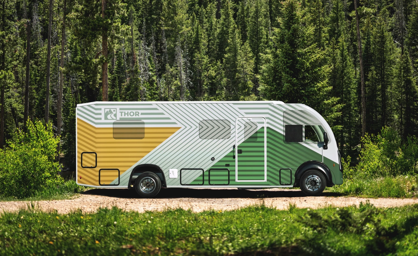 This colorful 500-mile PHEV Class A motorhome debuted as a prototype and test bed in 2024, at which time Thor announced plans to slide the hybridized chassis under production motorhomes in 2025
