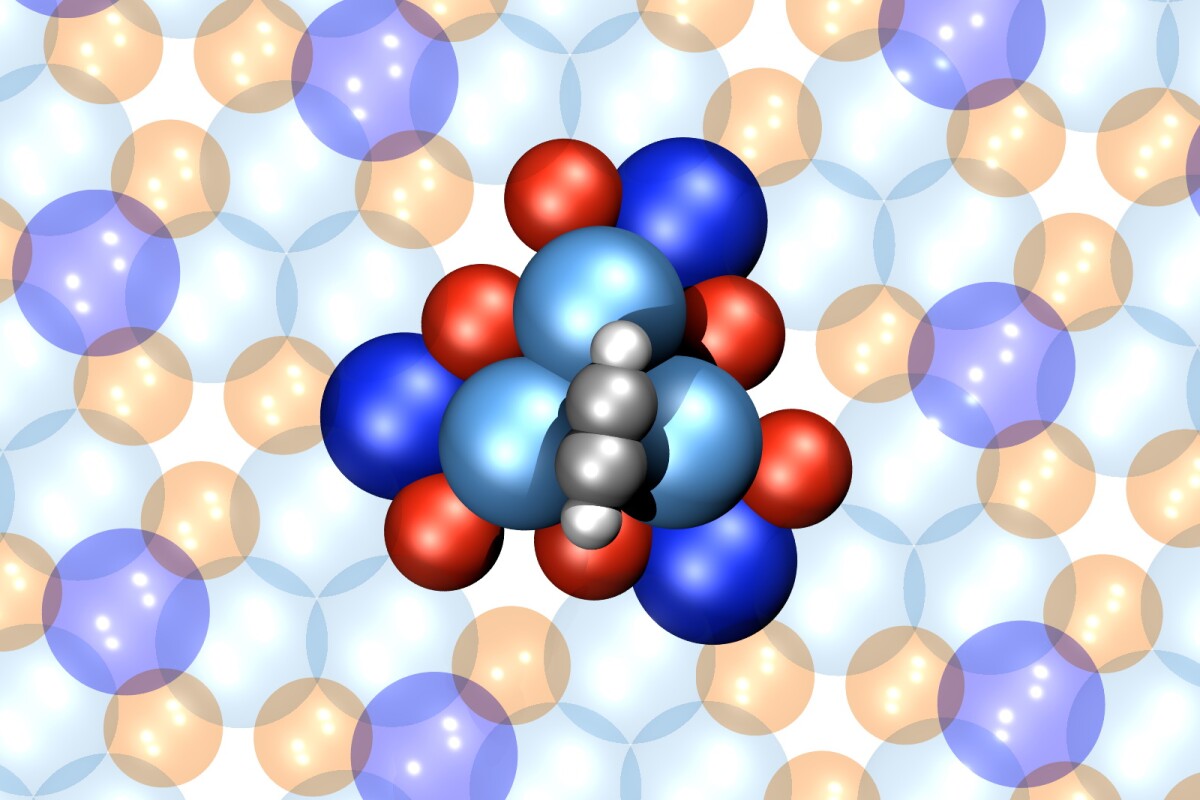 A model of the nano motor – the stator is made up of six palladium atoms (blue) and six gallium atoms (red), with a four-atom rotor made up of a four-atom acetylene molecule (gray)