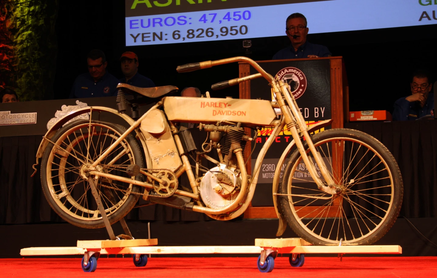 An astonishingly original machine, this 1909 Harley 5C was purchased from the Harley-Davidson factory by Joseph Delphey, the original owner of the family Harley-Davidson dealership. It was hence a one-family-owner bike and was on display in the showroom for years. The bike is all factory original, has never been restored and was last started 40 years ago. It is believed to be a one of a kind in the original condition. It sold in completely unblemished original 105-year-old condition for $102,600 at Las Vegas in January, 2014. Pic: Somer Hooker