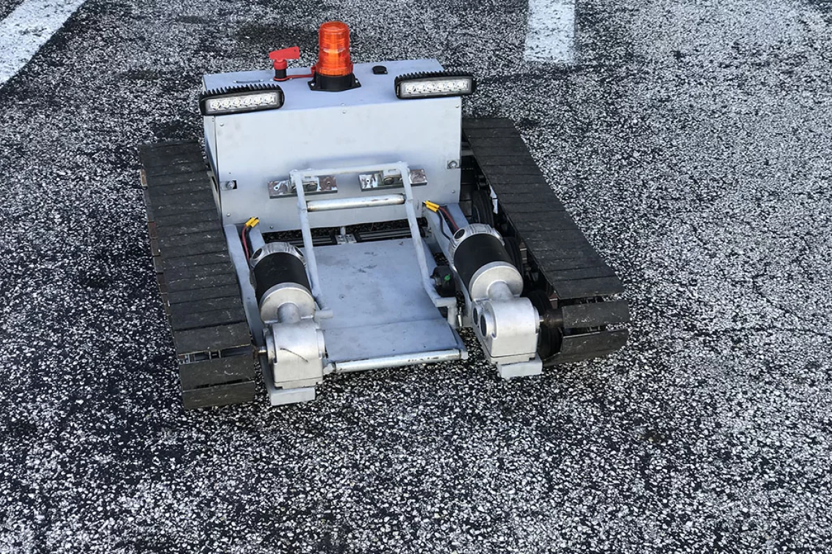 The finished Aircraft Tug, which is remote-controlled using an iPhone and has enough pulling power to trundle a Cessna 310 out of its hanger