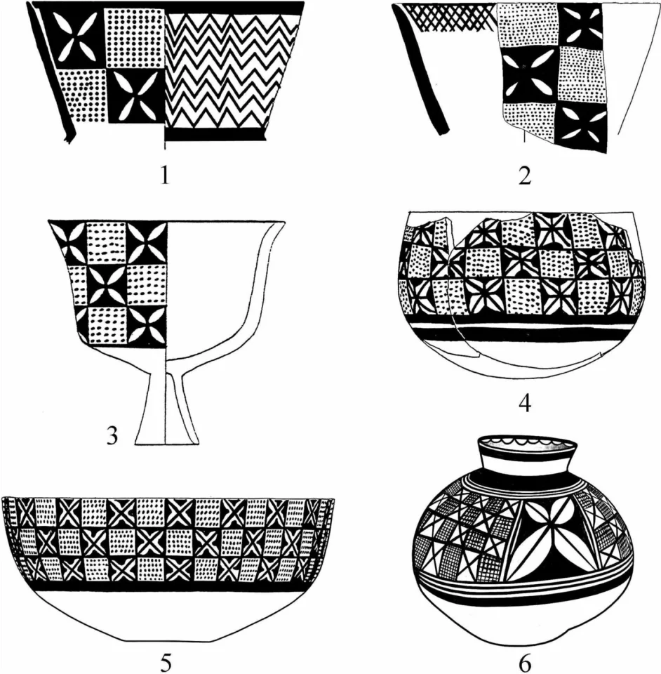 Small flowers with four petals inside black squares of a checkerboard pattern.