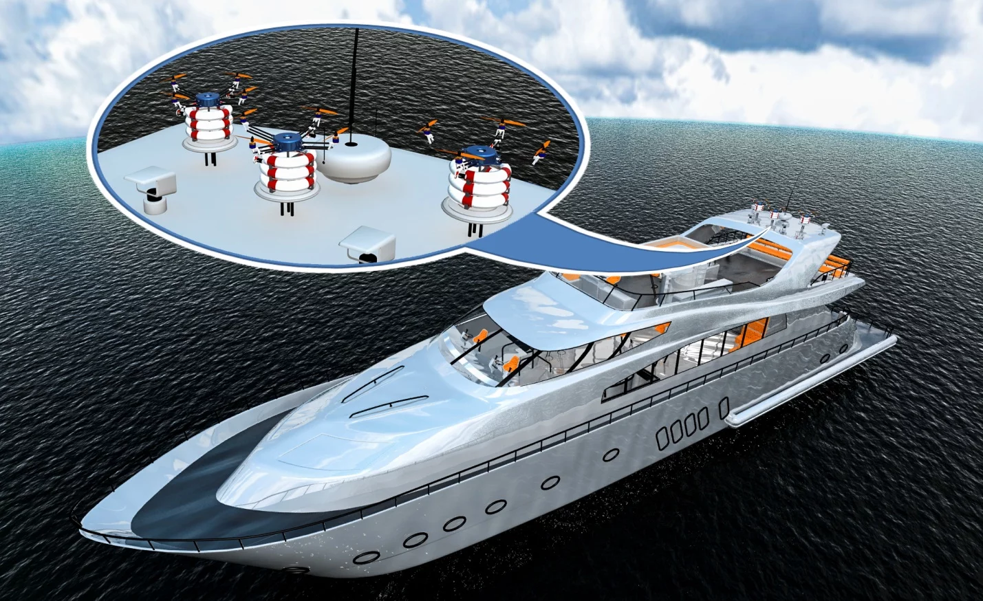The designers claim the charging platform could be attached to the top of a rescue boat or offshore structure
