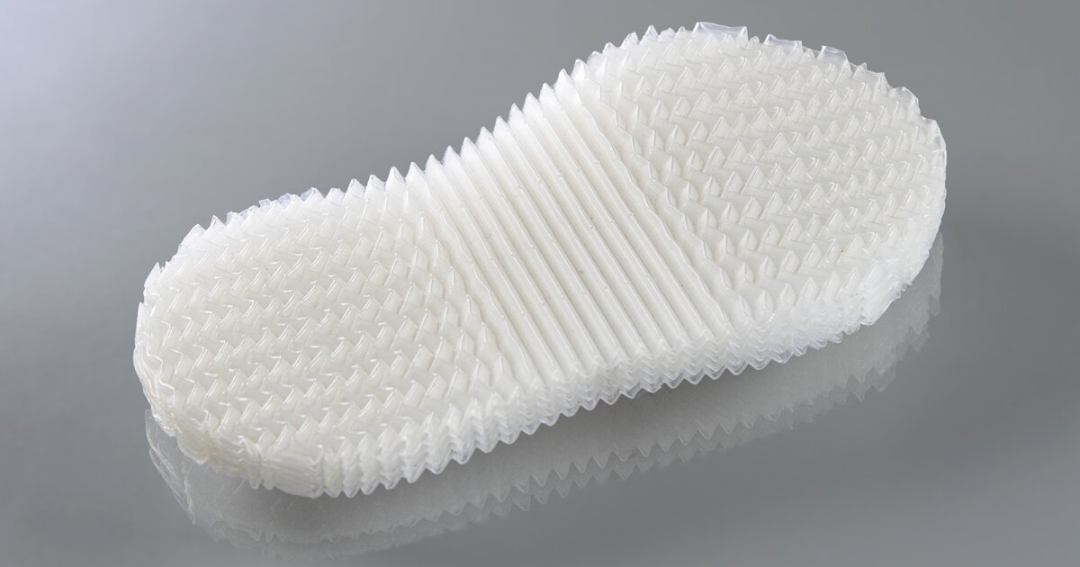 A sample sole made as part of the ZiProMat project, composed entirely of sheets of copolyester elastomer arranged in ribs and ridges