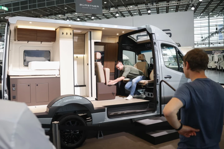 Trying out the movable interior furnishings on Bürstner's Habiton cutaway at Caravan Salon 2025